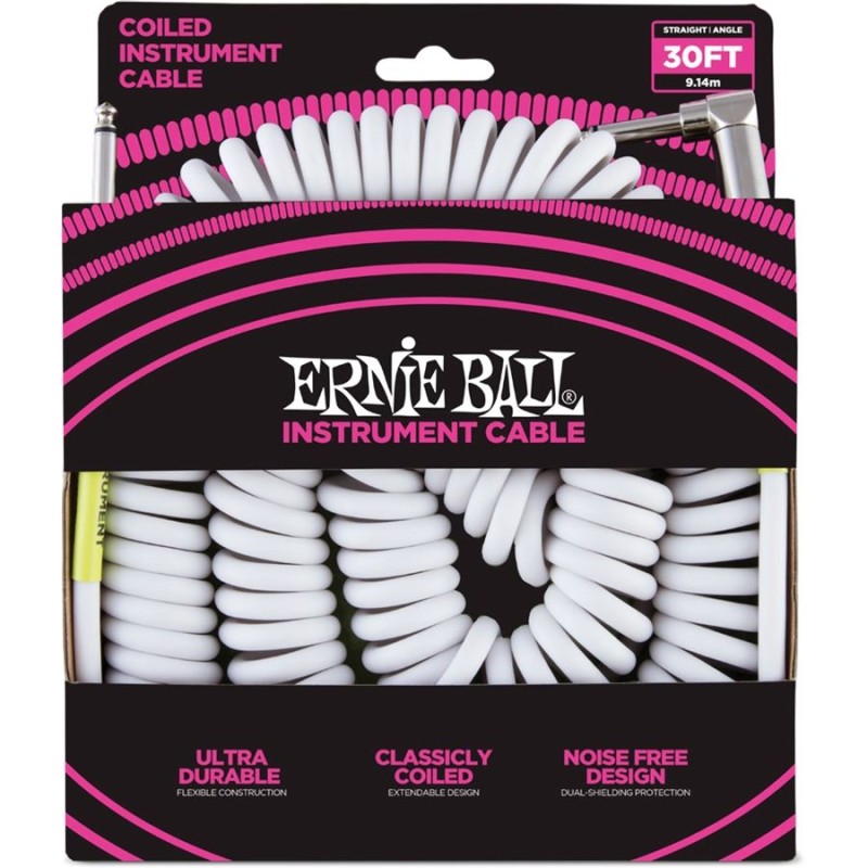 Ernie Ball 6045 30' Coiled Straight/Angle Instrument Cable White