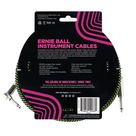 Ernie Ball 6082 18' Braided Straight/Angle Instrument Cable Black/Green