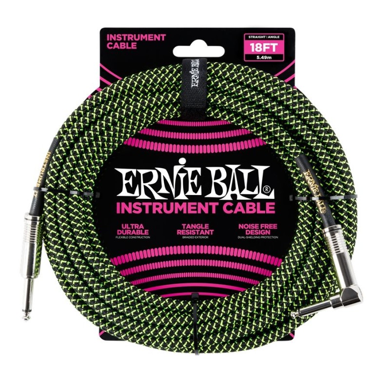 Ernie Ball 6082 18' Braided Straight/Angle Instrument Cable Black/Green