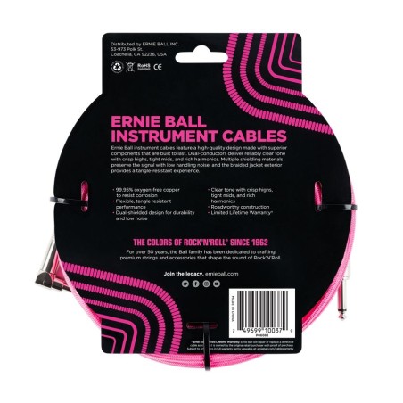 Ernie Ball 6083 18' Braided Straight/Angle Instrument Cable Neon Pink