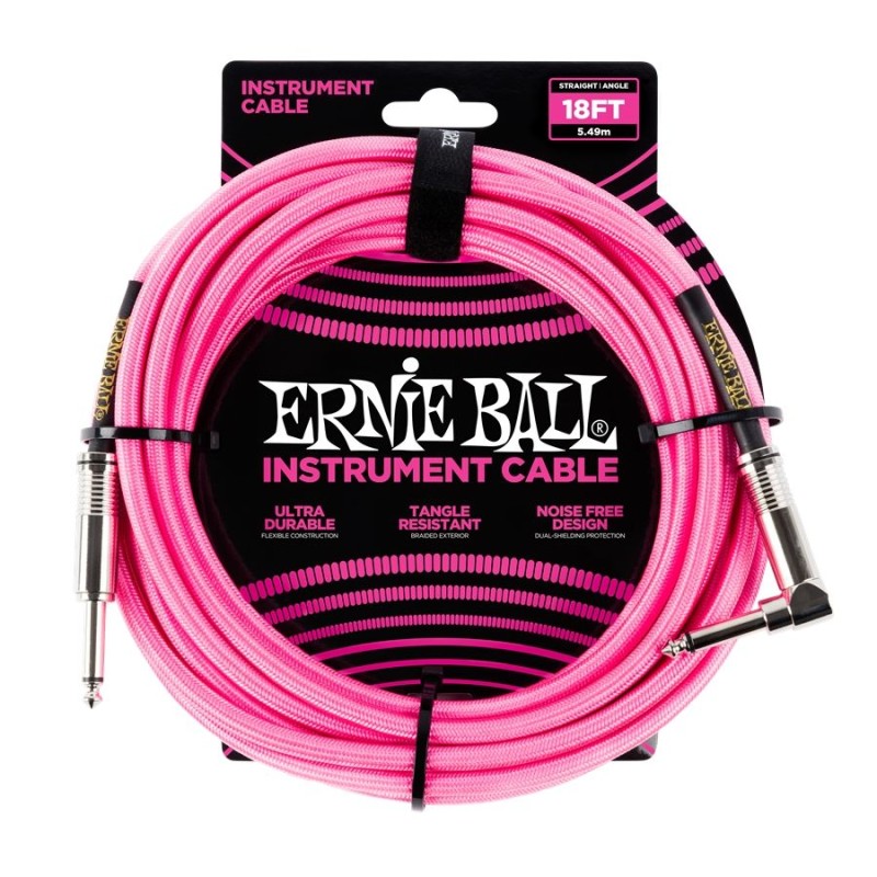 Ernie Ball 6083 18' Braided Straight/Angle Instrument Cable Neon Pink