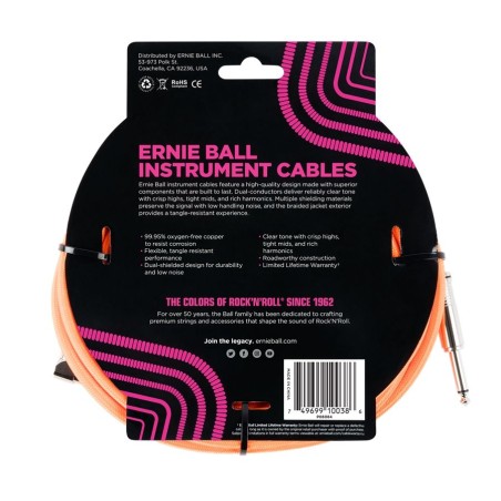 Ernie Ball 6084 18' Braided Straight/Angle Instrument Cable Neon Orange