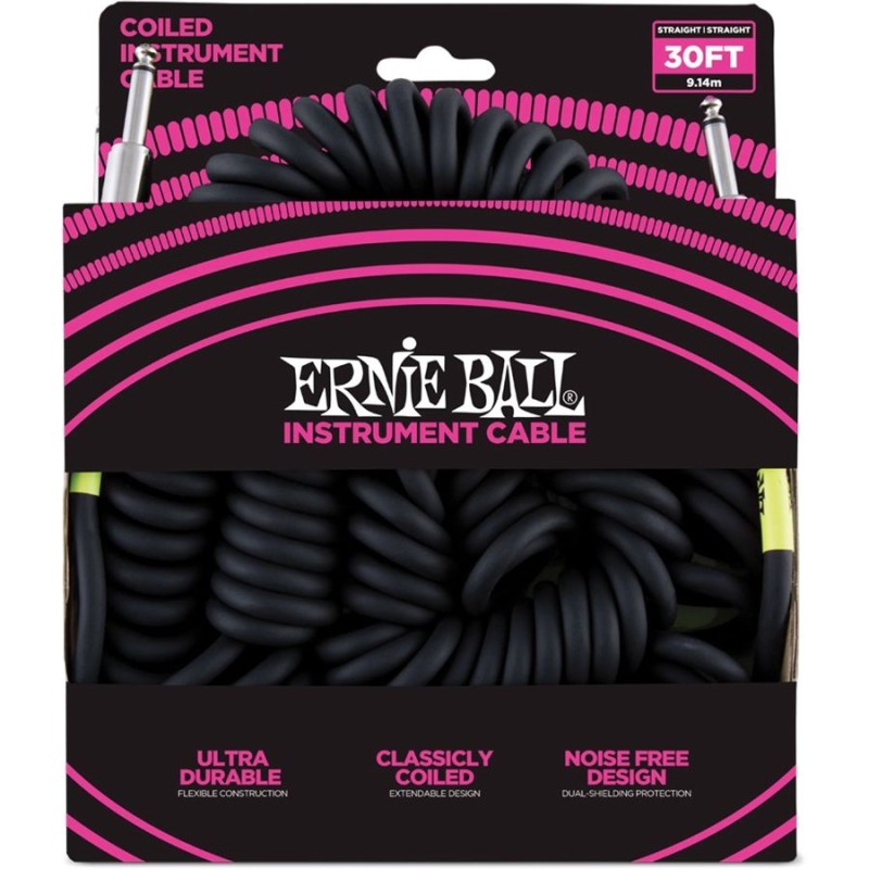 Ernie Ball 6044 30' Coiled Straight/Straight Instrument Cable Black