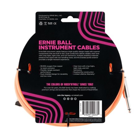 Ernie Ball 6079 10' Braided Straight/Angle Instrument Cable Neon Orange