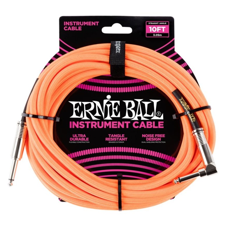 Ernie Ball 6079 10' Braided Straight/Angle Instrument Cable Neon Orange