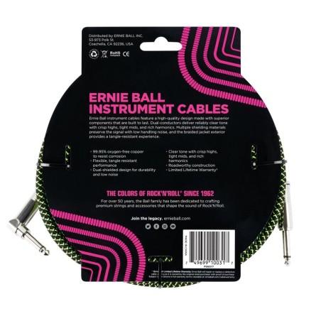 Ernie Ball 6077 10' Braided Straight/Angle Instrument Cable Black/Green