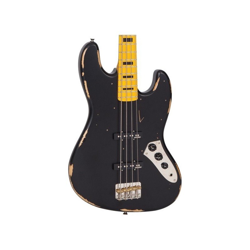 Vintage VJ74 Icon Distressed Black Jazz Bass Style