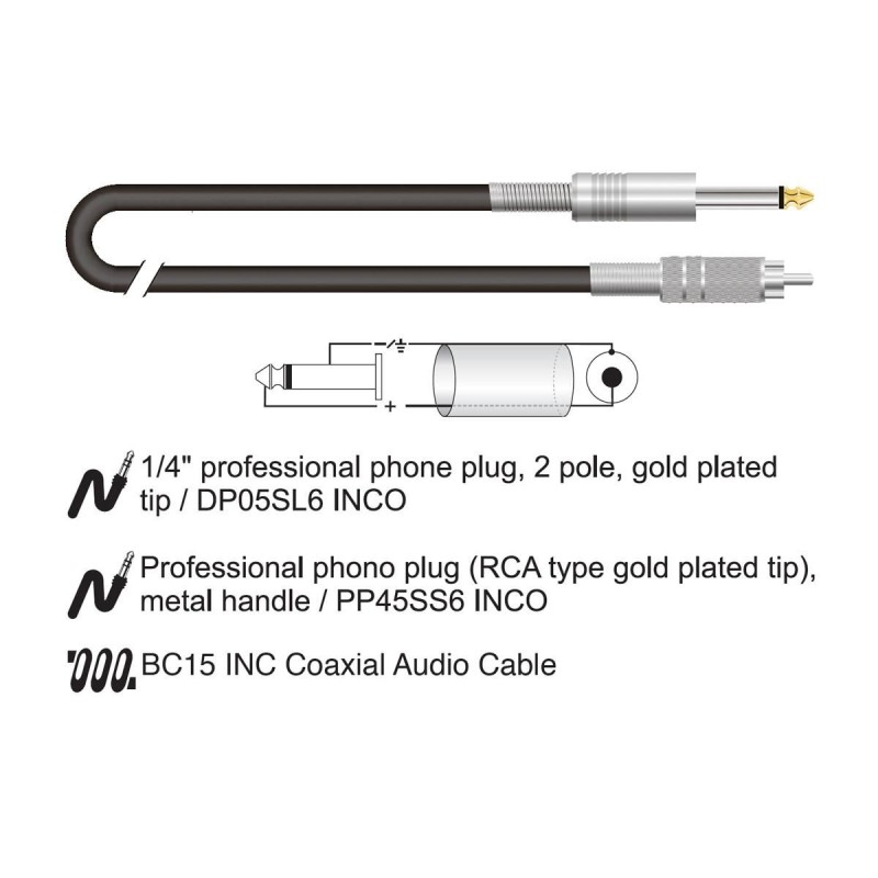 Inco PC55BK-003SD - Cavo microfonico biassiale patch sbilanciato